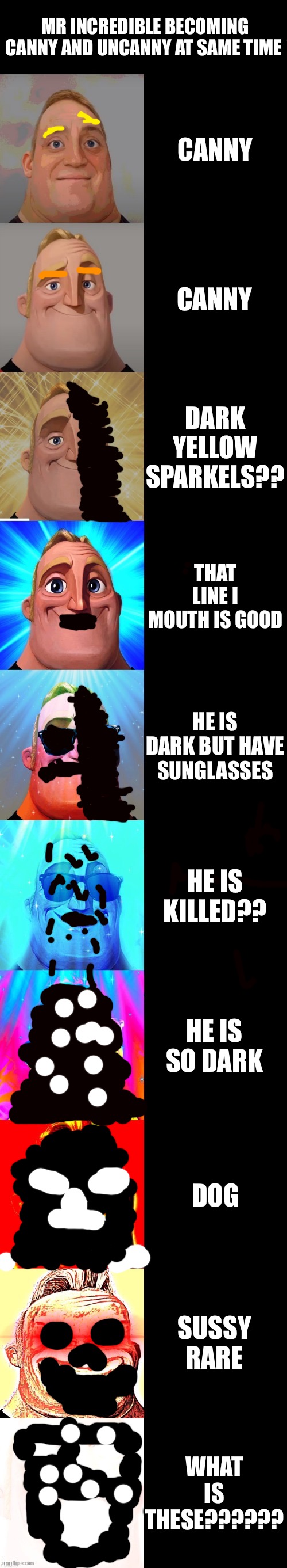 Mr incredible becoming uncanny+canny | MR INCREDIBLE BECOMING CANNY AND UNCANNY AT SAME TIME; CANNY; CANNY; DARK YELLOW SPARKELS?? THAT LINE I MOUTH IS GOOD; HE IS DARK BUT HAVE SUNGLASSES; HE IS KILLED?? HE IS SO DARK; DOG; SUSSY RARE; WHAT IS THESE?????? | image tagged in mr incredible becoming canny,mr incredible becoming uncanny | made w/ Imgflip meme maker