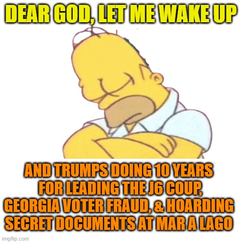 DEAR GOD, LET ME WAKE UP AND TRUMPS DOING 10 YEARS
 FOR LEADING THE J6 COUP, GEORGIA VOTER FRAUD, & HOARDING SECRET DOCUMENTS AT MAR A LAGO | made w/ Imgflip meme maker