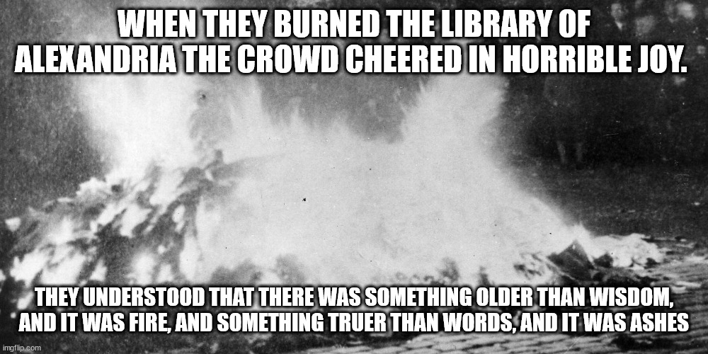 Burn Books | WHEN THEY BURNED THE LIBRARY OF ALEXANDRIA THE CROWD CHEERED IN HORRIBLE JOY. THEY UNDERSTOOD THAT THERE WAS SOMETHING OLDER THAN WISDOM, AND IT WAS FIRE, AND SOMETHING TRUER THAN WORDS, AND IT WAS ASHES | image tagged in burn books | made w/ Imgflip meme maker