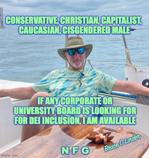 NFG | CONSERVATIVE, CHRISTIAN, CAPITALIST, 
CAUCASIAN, CISGENDERED MALE; IF ANY CORPORATE OR UNIVERSITY BOARD IS LOOKING FOR FOR DEI INCLUSION, I AM AVAILABLE; Bruce C Linder; N F G | image tagged in belize,caribbean,capitalist,conservative,christian,dei | made w/ Imgflip meme maker