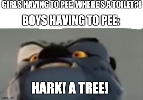 GIRLS HAVING TO PEE: WHERE’S A TOILET?! BOYS HAVING TO PEE:; HARK! A TREE! | image tagged in finally a worthy opponent | made w/ Imgflip meme maker