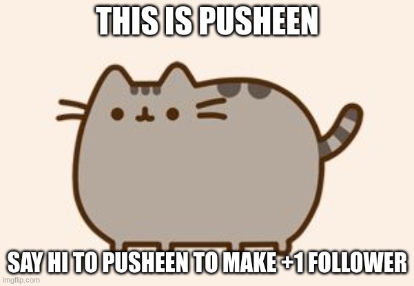 pusheen cat | THIS IS PUSHEEN; SAY HI TO PUSHEEN TO MAKE +1 FOLLOWER | image tagged in pusheen cat | made w/ Imgflip meme maker