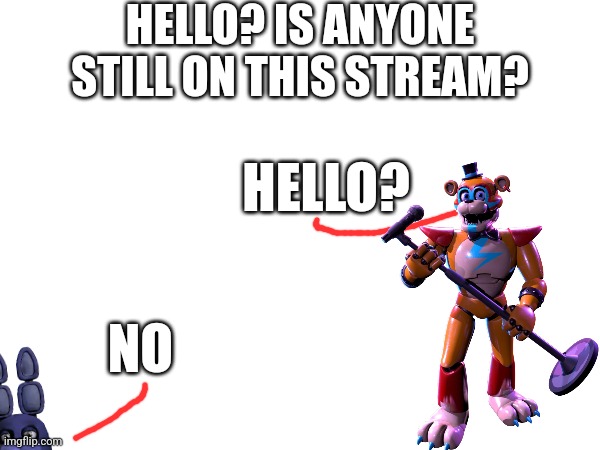 Anyone? | HELLO? IS ANYONE STILL ON THIS STREAM? HELLO? NO | image tagged in fnaf | made w/ Imgflip meme maker