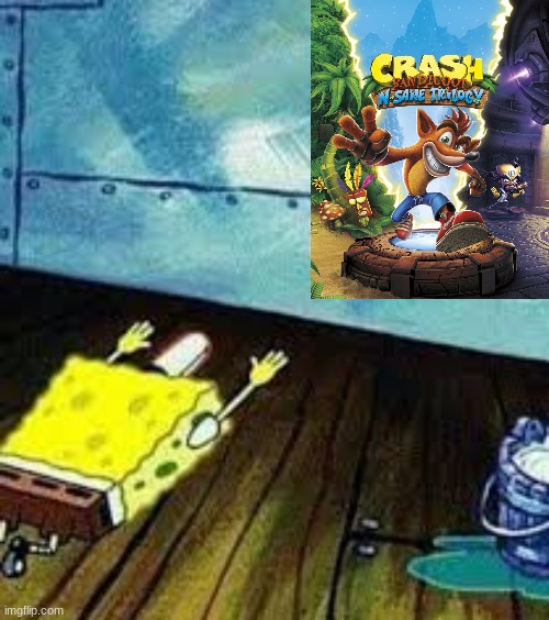 spongebob worships crash bandicoot n sane trilogy | image tagged in spongebob worship,crash bandicoot,remaster,playstation | made w/ Imgflip meme maker