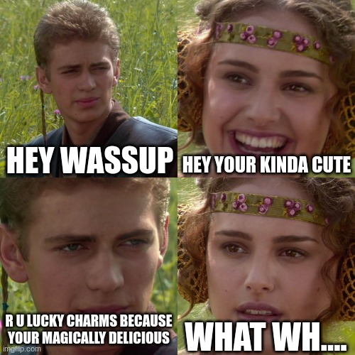 Rizz be like | HEY WASSUP; HEY YOUR KINDA CUTE; WHAT WH.... R U LUCKY CHARMS BECAUSE YOUR MAGICALLY DELICIOUS | image tagged in anakin padme 4 panel | made w/ Imgflip meme maker