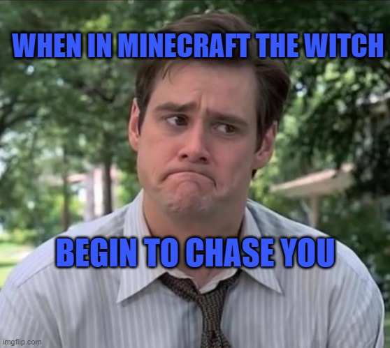 MINECRAFT WITCH | WHEN IN MINECRAFT THE WITCH; BEGIN TO CHASE YOU | image tagged in sad jim carrey,minecraft | made w/ Imgflip meme maker