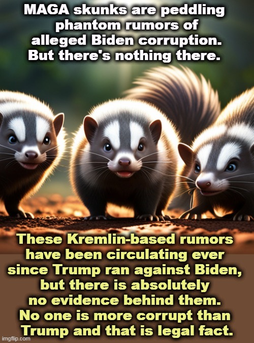 Extreme MAGA wishes Biden were corrupt. He's not. They'll get very frustrated. | MAGA skunks are peddling 
phantom rumors of alleged Biden corruption. But there's nothing there. These Kremlin-based rumors 
have been circulating ever 
since Trump ran against Biden, 
but there is absolutely 
no evidence behind them. 
No one is more corrupt than 
Trump and that is legal fact. | image tagged in joe biden,clean,donald trump,corrupt,vladimir putin,rumors | made w/ Imgflip meme maker
