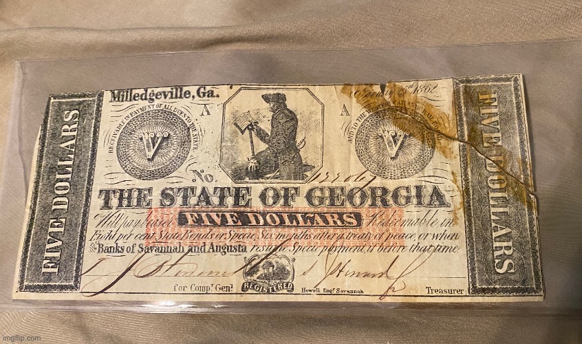 A confederate $5 bill from 1862 | image tagged in historical,civil war,currency | made w/ Imgflip meme maker