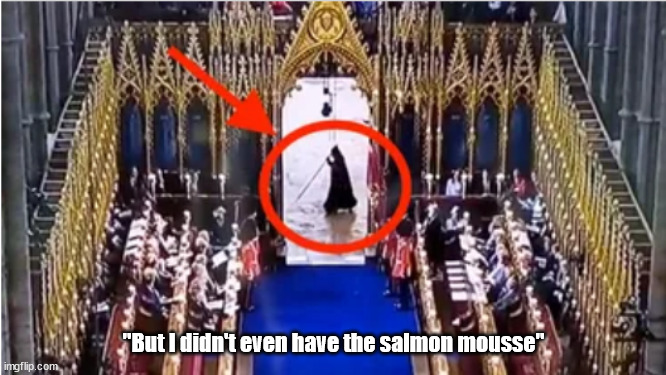 Ghostly image at the coronation | "But I didn't even have the salmon mousse" | image tagged in coronation,king charles,grim reaper | made w/ Imgflip meme maker