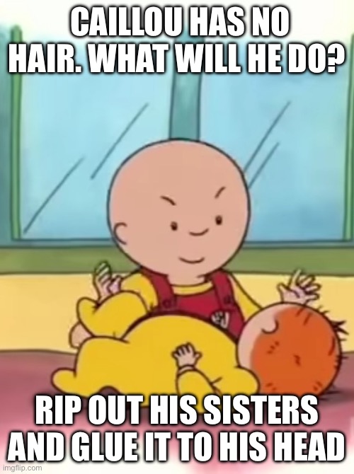 Caillou pinching baby Rosie | CAILLOU HAS NO HAIR. WHAT WILL HE DO? RIP OUT HIS SISTERS AND GLUE IT TO HIS HEAD | image tagged in caillou pinching baby rosie | made w/ Imgflip meme maker