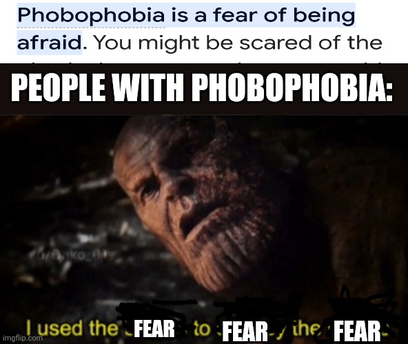 Reality | PEOPLE WITH PHOBOPHOBIA:; FEAR; FEAR; FEAR | image tagged in phobia,thanos i used the stones to destroy the stones,funny,memes | made w/ Imgflip meme maker