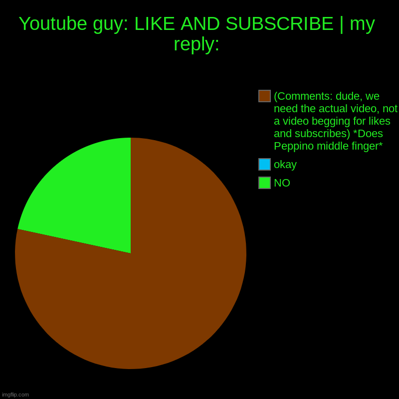 And that's how we stop subscribe beggers | Youtube guy: LIKE AND SUBSCRIBE | my reply: | NO, okay, (Comments: dude, we need the actual video, not a video begging for likes and subscri | image tagged in charts,pie charts | made w/ Imgflip chart maker