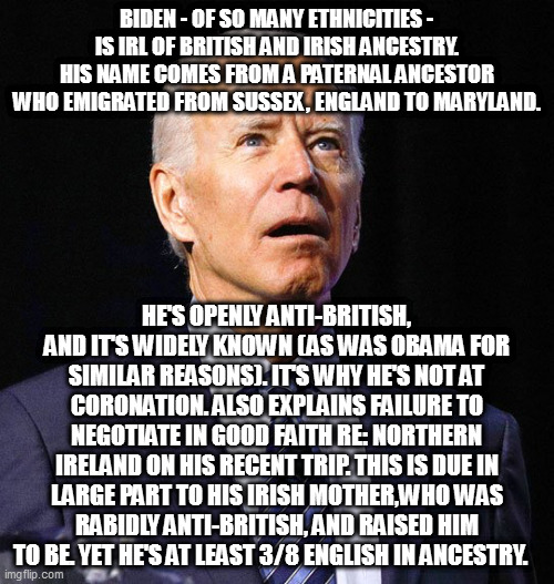 Joe Biden | BIDEN - OF SO MANY ETHNICITIES - IS IRL OF BRITISH AND IRISH ANCESTRY. HIS NAME COMES FROM A PATERNAL ANCESTOR WHO EMIGRATED FROM SUSSEX, ENGLAND TO MARYLAND. HE'S OPENLY ANTI-BRITISH, AND IT'S WIDELY KNOWN (AS WAS OBAMA FOR SIMILAR REASONS). IT'S WHY HE'S NOT AT CORONATION. ALSO EXPLAINS FAILURE TO NEGOTIATE IN GOOD FAITH RE: NORTHERN IRELAND ON HIS RECENT TRIP. THIS IS DUE IN LARGE PART TO HIS IRISH MOTHER,WHO WAS RABIDLY ANTI-BRITISH, AND RAISED HIM TO BE. YET HE'S AT LEAST 3/8 ENGLISH IN ANCESTRY. | image tagged in joe biden | made w/ Imgflip meme maker