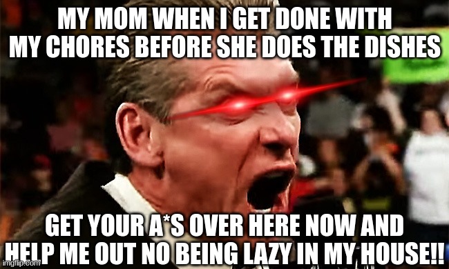 am i the only one with this kind of mom | MY MOM WHEN I GET DONE WITH MY CHORES BEFORE SHE DOES THE DISHES; GET YOUR A*S OVER HERE NOW AND HELP ME OUT NO BEING LAZY IN MY HOUSE!! | image tagged in vince mcmahon - you're fired | made w/ Imgflip meme maker