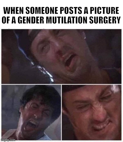 These pictures are horrific. | WHEN SOMEONE POSTS A PICTURE OF A GENDER MUTILATION SURGERY | image tagged in sylvester stallone | made w/ Imgflip meme maker
