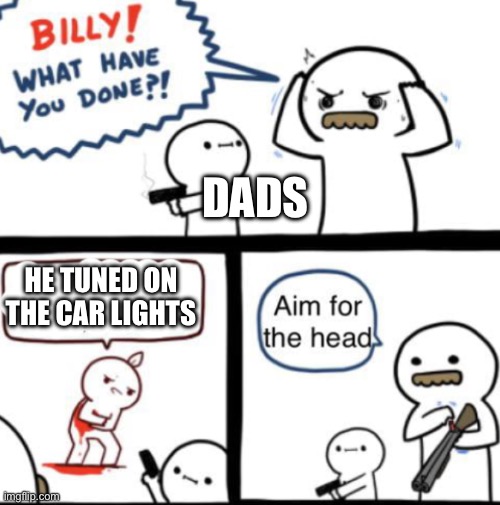 True do | DADS; HE TUNED ON THE CAR LIGHTS | image tagged in aim for the head | made w/ Imgflip meme maker