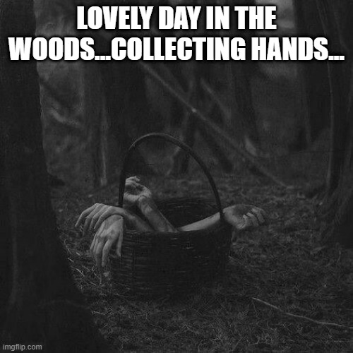 Basket O' Hands | LOVELY DAY IN THE WOODS...COLLECTING HANDS... | image tagged in unsee juice | made w/ Imgflip meme maker