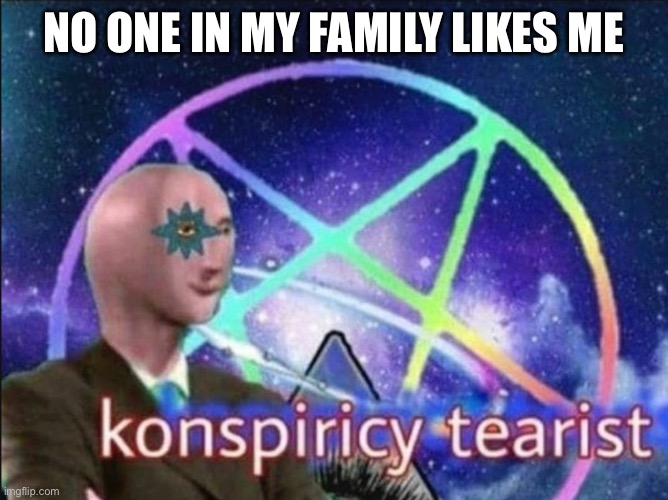 Konspiricy tearist | NO ONE IN MY FAMILY LIKES ME | image tagged in konspiricy tearist | made w/ Imgflip meme maker