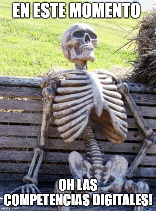 Waiting Skeleton Meme | EN ESTE MOMENTO; OH LAS COMPETENCIAS DIGITALES! | image tagged in memes,waiting skeleton | made w/ Imgflip meme maker