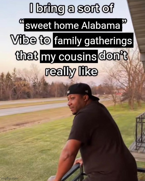 i couldn't think of a meme buy sweet home Alabama started playing in my head | sweet home Alabama; family gatherings; my cousins | image tagged in i bring a sort of x vibe to the y | made w/ Imgflip meme maker