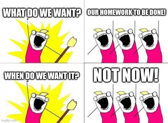 well- | WHAT DO WE WANT? OUR HOMEWORK TO BE DONE! NOT NOW! WHEN DO WE WANT IT? | image tagged in memes,what do we want | made w/ Imgflip meme maker