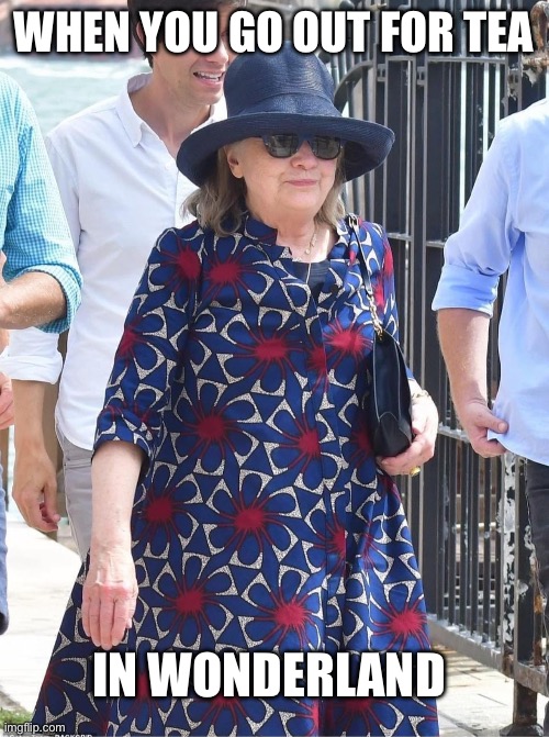 Hillary Lampshade Fashion | WHEN YOU GO OUT FOR TEA; IN WONDERLAND | image tagged in hillary lampshade fashion | made w/ Imgflip meme maker
