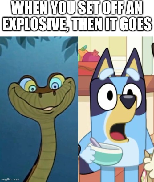 Kablooey! | WHEN YOU SET OFF AN EXPLOSIVE, THEN IT GOES | image tagged in kaa jungle book,bluey gasp,bluey,jungle book,disney,explosion | made w/ Imgflip meme maker