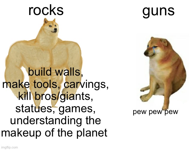 Buff Doge vs. Cheems Meme | rocks guns build walls, make tools, carvings, kill bros/giants, statues, games, understanding the makeup of the planet pew pew pew | image tagged in memes,buff doge vs cheems | made w/ Imgflip meme maker