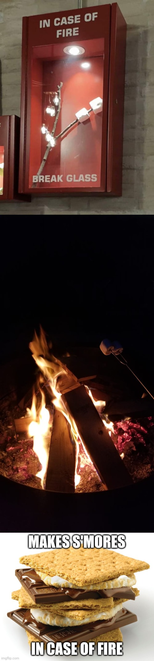 S'mores moment | MAKES S'MORES; IN CASE OF FIRE | image tagged in smores,bonfire smores,s'mores,in case of fire,memes,marshmallows | made w/ Imgflip meme maker