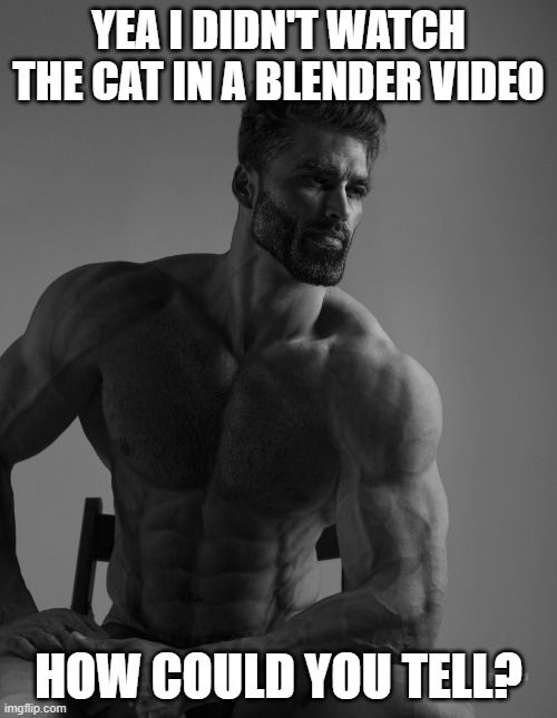 Giga Chad | YEA I DIDN'T WATCH THE CAT IN A BLENDER VIDEO; HOW COULD YOU TELL? | image tagged in giga chad | made w/ Imgflip meme maker