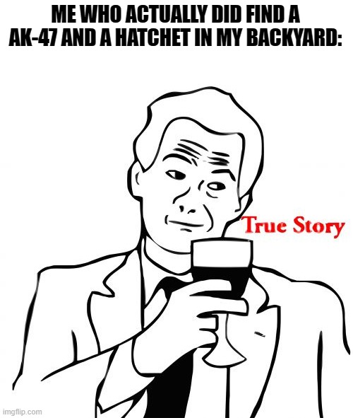 True Story Meme | ME WHO ACTUALLY DID FIND A AK-47 AND A HATCHET IN MY BACKYARD: | image tagged in memes,true story | made w/ Imgflip meme maker