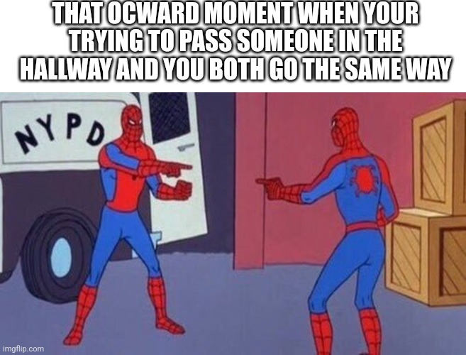 No no you go | THAT OCWARD MOMENT WHEN YOUR TRYING TO PASS SOMEONE IN THE HALLWAY AND YOU BOTH GO THE SAME WAY | image tagged in spiderman pointing at spiderman | made w/ Imgflip meme maker