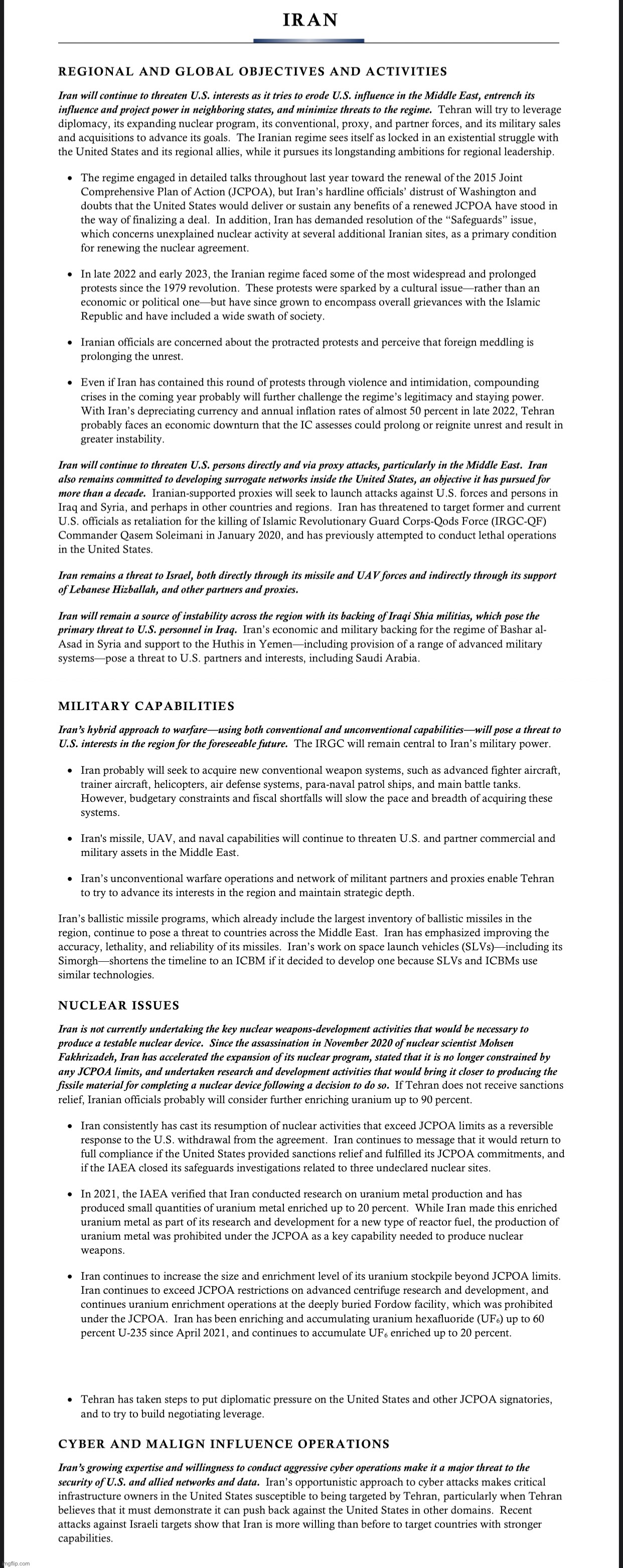 Iran according to the 2023 Annual Threat Assessment by the ODNI for the ...