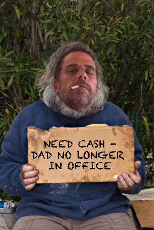 What happens after Joe leaves office? Is this why Jill is pushing Joe to run again? | NEED CASH -

DAD NO LONGER 
IN OFFICE | image tagged in blak homeless sign,hunter,grift | made w/ Imgflip meme maker