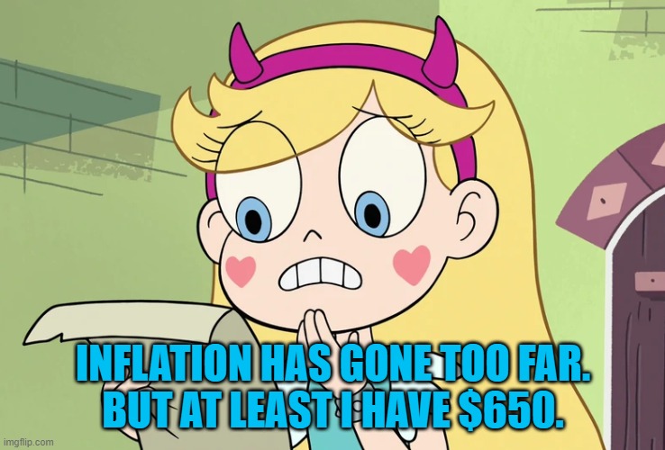 Star Butterfly "WTF Did i just read" | INFLATION HAS GONE TOO FAR.
BUT AT LEAST I HAVE $650. | image tagged in star butterfly wtf did i just read | made w/ Imgflip meme maker