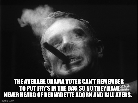 General Ripper (Dr. Strangelove) | THE AVERAGE OBAMA VOTER CAN’T REMEMBER  TO PUT FRY’S IN THE BAG SO NO THEY HAVE NEVER HEARD OF BERNADETTE ADORN AND BILL AYERS. | image tagged in general ripper dr strangelove | made w/ Imgflip meme maker