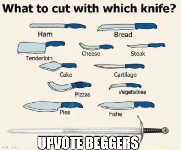 What to cut with which knife | UPVOTE BEGGERS | image tagged in what to cut with which knife | made w/ Imgflip meme maker