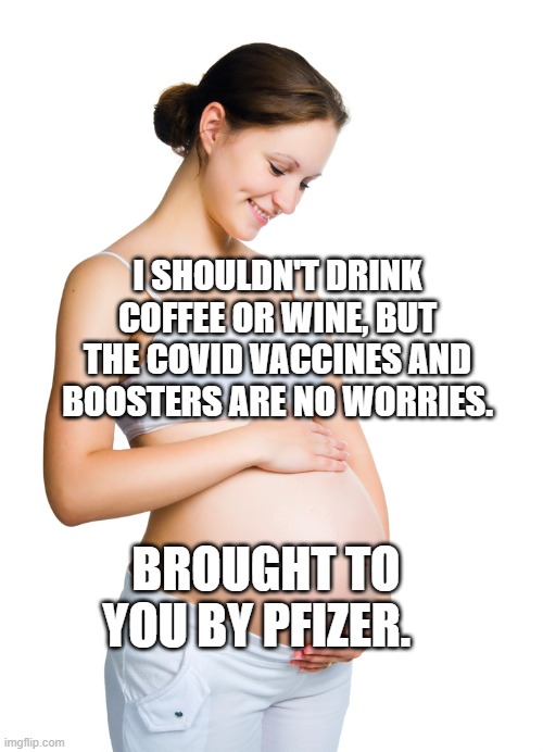 Pregnant woman | I SHOULDN'T DRINK COFFEE OR WINE, BUT THE COVID VACCINES AND BOOSTERS ARE NO WORRIES. BROUGHT TO YOU BY PFIZER. | image tagged in pregnant woman | made w/ Imgflip meme maker