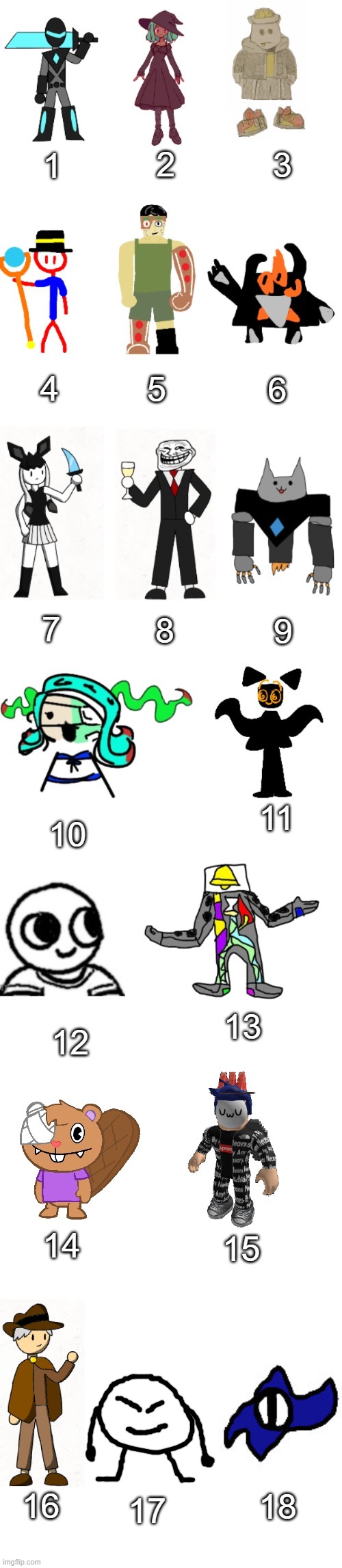 LAST ONE!!! Added The Traveler, John Cipher, and I tried my best to draw Bob | 2; 1; 3; 4; 5; 6; 7; 8; 9; 11; 10; 13; 12; 15; 14; 16; 18; 17 | image tagged in the most basic imgflip-bossfights oc list everrrrr | made w/ Imgflip meme maker