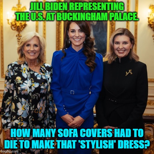 Remember when First Ladies were classy?  Like from 2016 to 2020? | JILL BIDEN REPRESENTING THE U.S. AT BUCKINGHAM PALACE. HOW MANY SOFA COVERS HAD TO DIE TO MAKE THAT 'STYLISH' DRESS? | image tagged in protect sofa covers | made w/ Imgflip meme maker