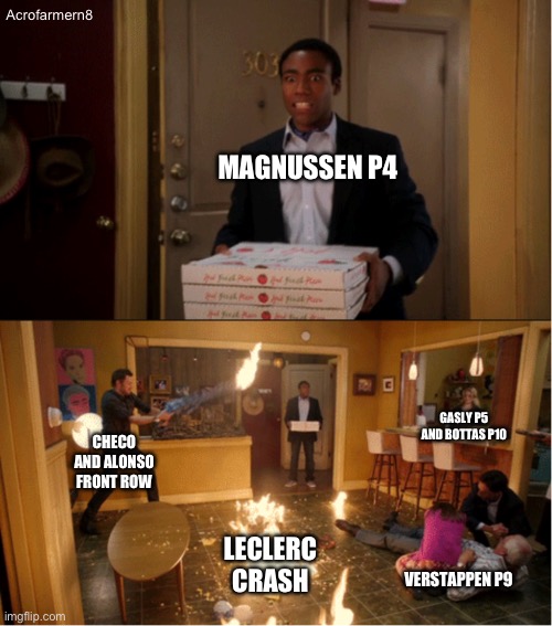 Community Fire Pizza Meme | Acrofarmern8; MAGNUSSEN P4; GASLY P5 AND BOTTAS P10; CHECO AND ALONSO FRONT ROW; LECLERC CRASH; VERSTAPPEN P9 | image tagged in community fire pizza meme,f1 | made w/ Imgflip meme maker