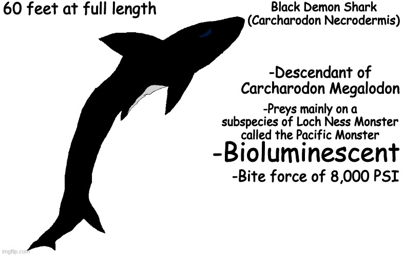 love this animal, the shart | 60 feet at full length; Black Demon Shark
(Carcharodon Necrodermis); -Descendant of Carcharodon Megalodon; -Preys mainly on a subspecies of Loch Ness Monster called the Pacific Monster; -Bioluminescent; -Bite force of 8,000 PSI | made w/ Imgflip meme maker