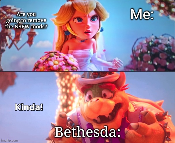Seriously tho, Im I the only one who wants those deleted? | Are you going to remove the NSFW mods? Me:; Bethesda: | image tagged in kinda,skyrim | made w/ Imgflip meme maker