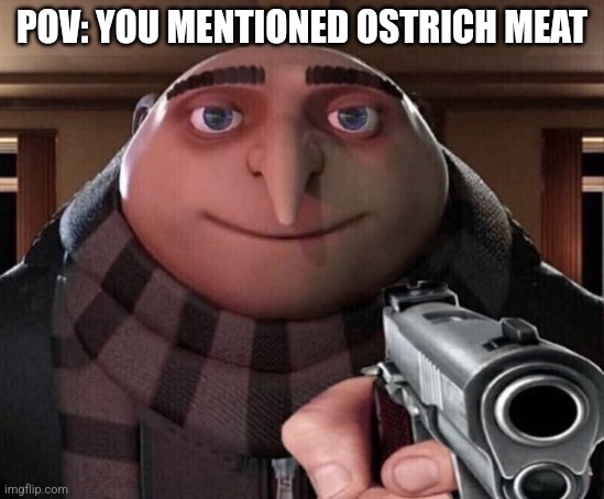 Ostrich Supremacy | POV: YOU MENTIONED OSTRICH MEAT | image tagged in gru gun | made w/ Imgflip meme maker