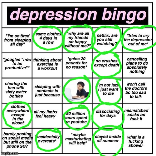 Depression bingo | image tagged in depression bingo | made w/ Imgflip meme maker