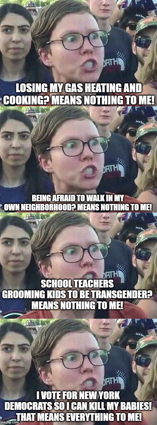 LOSING MY GAS HEATING AND COOKING? MEANS NOTHING TO ME! BEING AFRAID TO WALK IN MY OWN NEIGHBORHOOD? MEANS NOTHING TO ME! SCHOOL TEACHERS GROOMING KIDS TO BE TRANSGENDER? MEANS NOTHING TO ME! I VOTE FOR NEW YORK DEMOCRATS SO I CAN KILL MY BABIES!  THAT MEANS EVERYTHING TO ME! | image tagged in triggered liberal | made w/ Imgflip meme maker