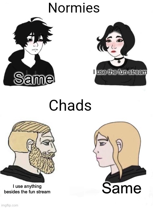 Chads vs normies | I use the fun stream; Same; I use anything besides the fun stream; Same | image tagged in chads vs normies | made w/ Imgflip meme maker