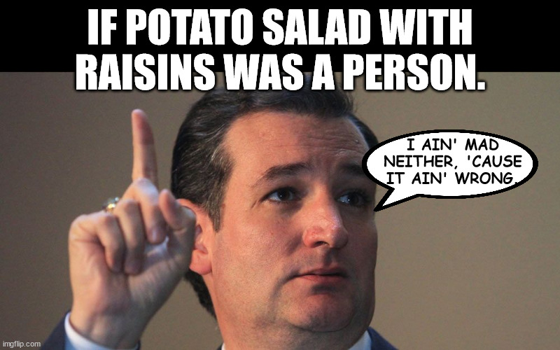 Ted Cruz | IF POTATO SALAD WITH RAISINS WAS A PERSON. I AIN' MAD NEITHER, 'CAUSE IT AIN' WRONG. | image tagged in ted cruz | made w/ Imgflip meme maker