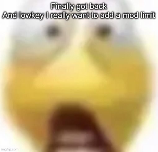 Shocked | Finally got back
And lowkey I really want to add a mod limit | image tagged in shocked | made w/ Imgflip meme maker