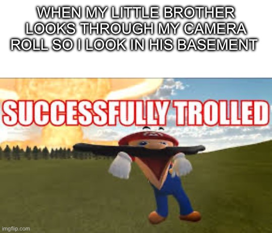 New template! :D | WHEN MY LITTLE BROTHER LOOKS THROUGH MY CAMERA ROLL SO I LOOK IN HIS BASEMENT | image tagged in successfully trolled,smg4 | made w/ Imgflip meme maker